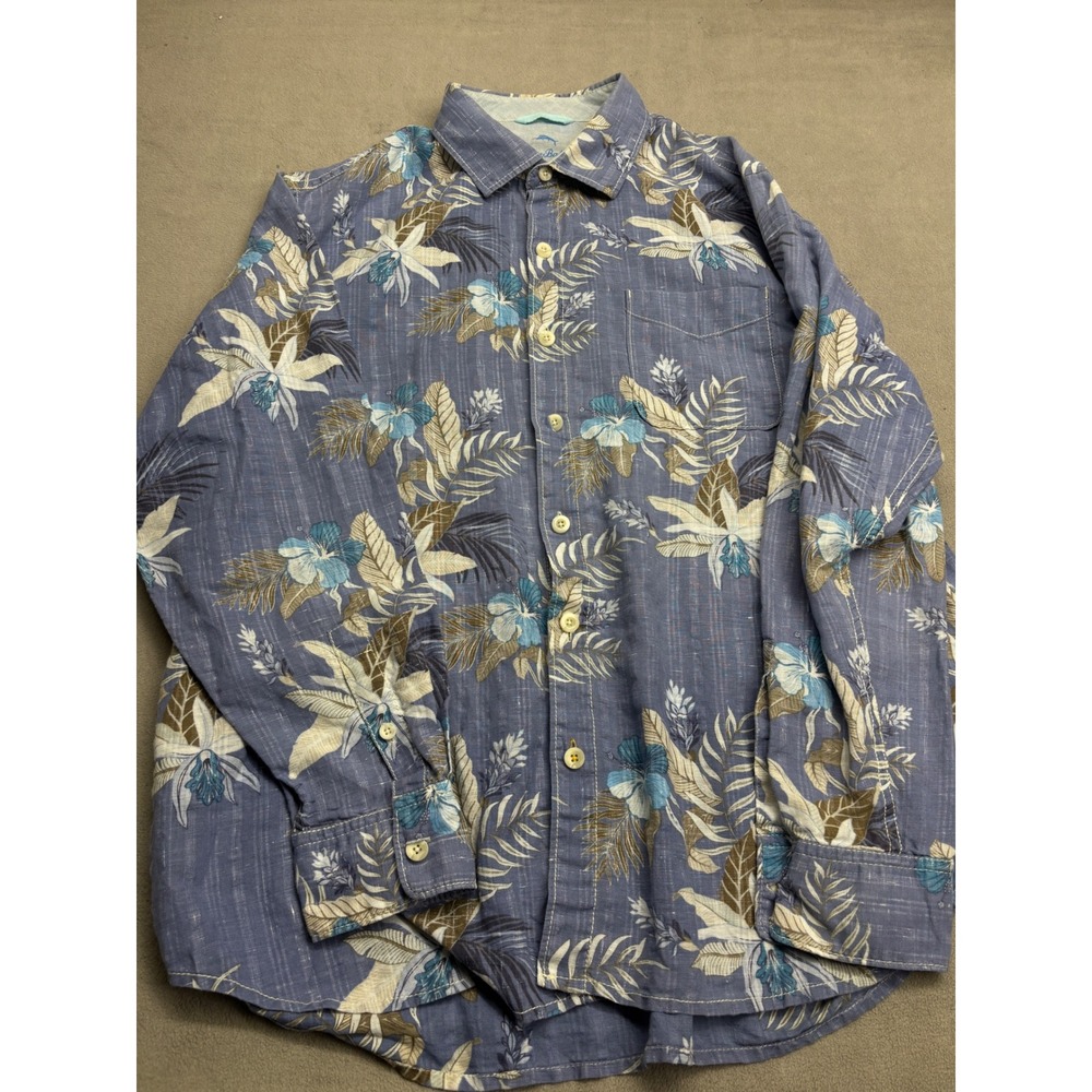 Tommy Bahama Relax Mens XL Blue Linen Blend Tropical Floral Long Sleeve Shirt